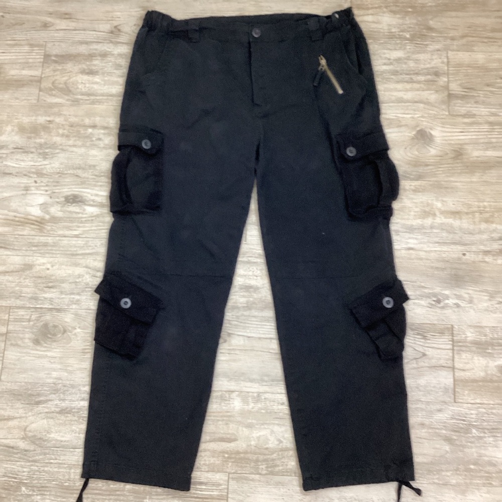 Men’s Black Utilitarian Khaki Cargo Pants Gartered Waistband Velvety Pockets
